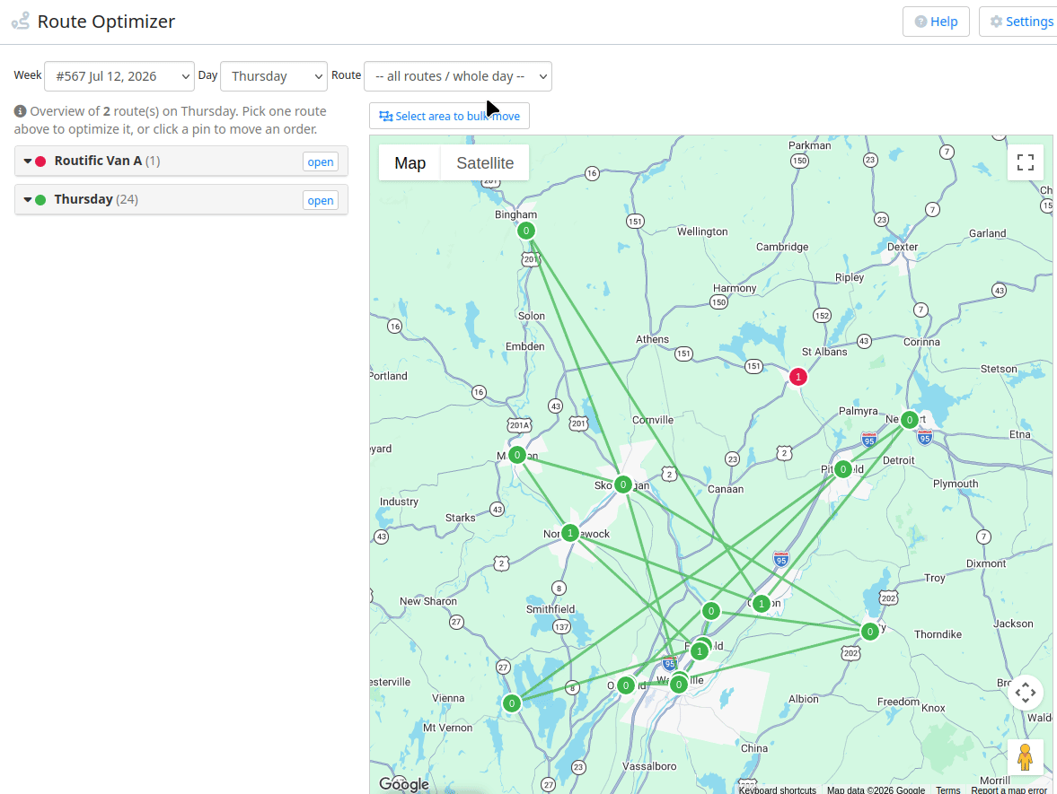 Drawing a box around delivery pins on the map to bulk-move them to another route, then optimizing the stop order